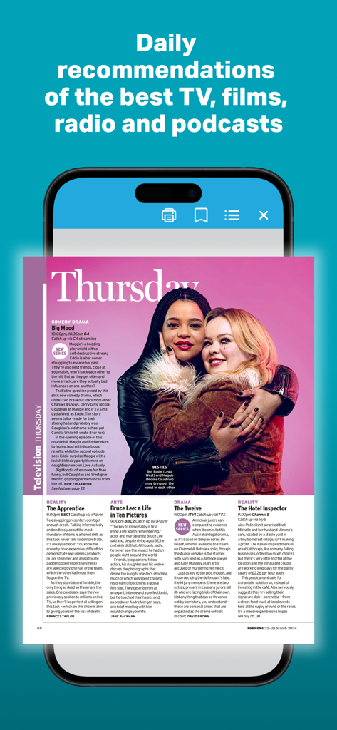 Radio Times Magazine - Radio Times Magazine app showing daily TV and film recommendations in a digital magazine format