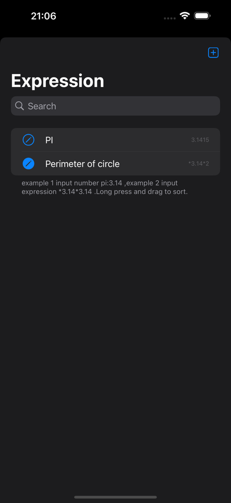 A list of custom mathematical expressions and constants in the Calculator 7 app