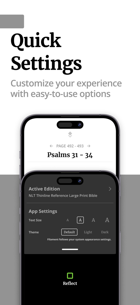 Filament Bible app quick settings interface showing text size and theme customization options