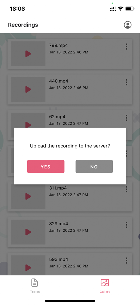 APMOPS & HCIC - APMOPS and HCIC app screen showing a list of exam video recordings and a prompt to upload to the server
