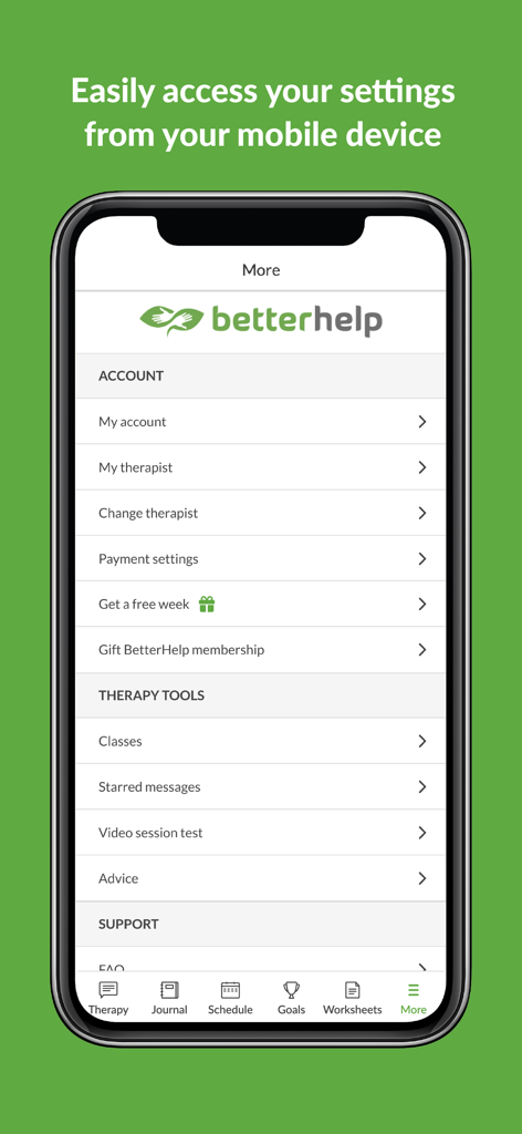 BetterHelp - Therapy - アカウント設定とセラピーツールを表示するBetterHelpアプリのメニュー画面