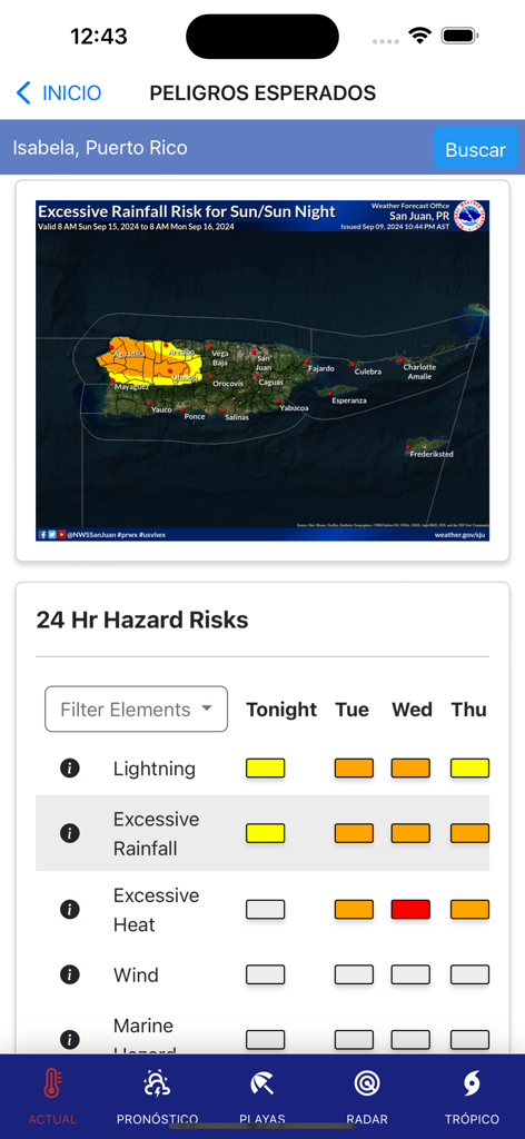 NextWeather: Weather and more! - NextWeather app interface showing expected hazard risks and excessive rainfall map for Puerto Rico