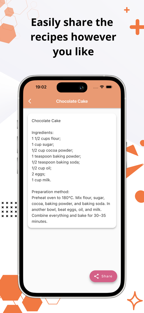 Cake and Dessert Recipes - A smartphone screen displaying a chocolate cake recipe with ingredients and a share button from the Cake and Dessert Recipes app
