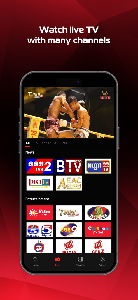 TV360 app interface showing live Cambodian news and entertainment channels on a smartphone screen.