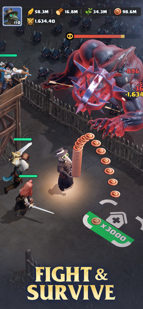 Last Asylum: Plague - A plague doctor and a team of heroes fighting a giant red monster in a survival strategy game combat scene