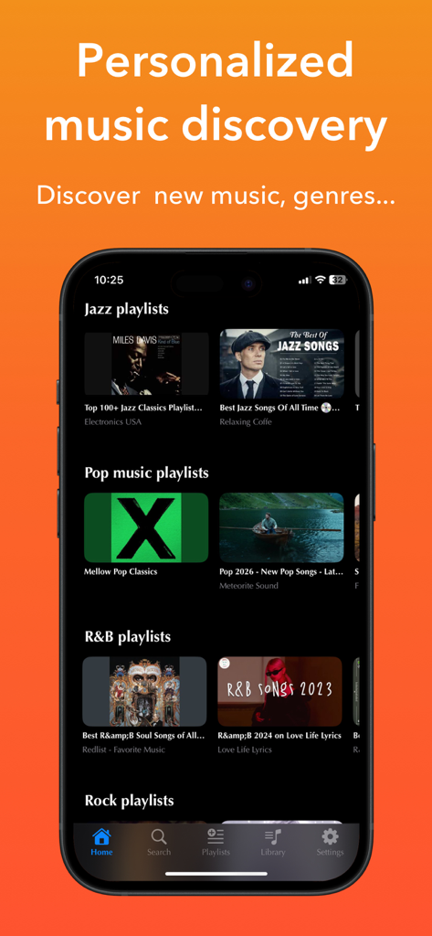 Musi X: Stream Music Player AI - Screenshot of Musi X app showing various music playlists including Jazz, Pop, and R&B on a dark mode mobile interface.
