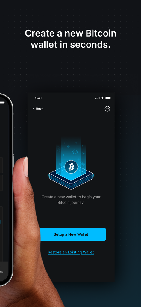 A smartphone screen showing the Blockstream Green app interface with a blue button to setup a new Bitcoin wallet.