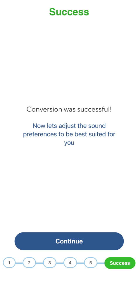 myWaves App - Uma tela de sucesso no aplicativo myWaves confirmando uma conversão de dados bem-sucedida com um botão continuar.