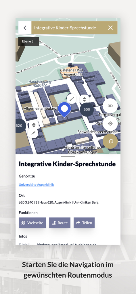 Navi@UKT - Navi UKTモバイルアプリのインターフェース。3Dキャンパス地図と病院クリニックの場所情報が表示されています。