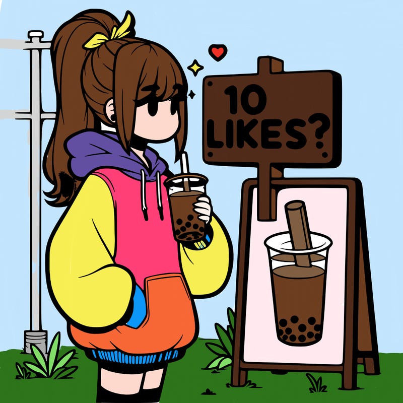 girl with oversized hoodie drinking boba and she has a high ponytail with a sign that says 10likes?