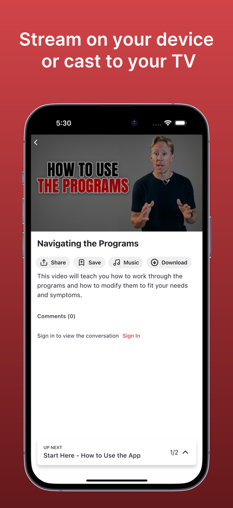 Rehab Science - Pantalla de smartphone mostrando el reproductor de video de la aplicación Rehab Science con un tutorial titulado Navegando por los Programas y opciones para transmitir o enviar a la TV.