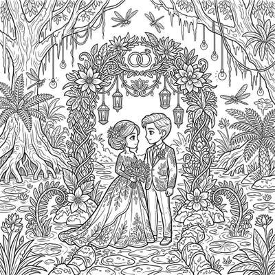 Step into a fantastically unique world where ancient nature meets timeless romance with this extraordinary coloring page. Witness a beautiful bride and groom celebrating their special day amidst the lush, mysterious depths of a prehistoric swamp.