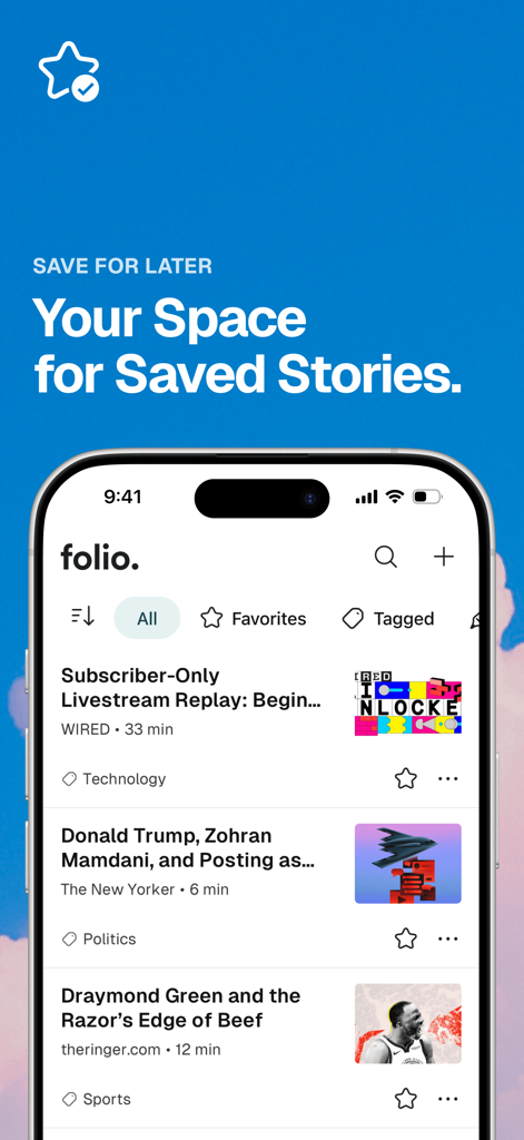 Folio – Save now. Read later. - Interface do aplicativo Folio mostrando uma biblioteca organizada de artigos e histórias salvas em um design limpo e minimalista
