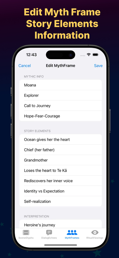 A screenshot of the Webstream app showing the Edit MythFrame screen with story elements and mythic analysis for the film Moana.