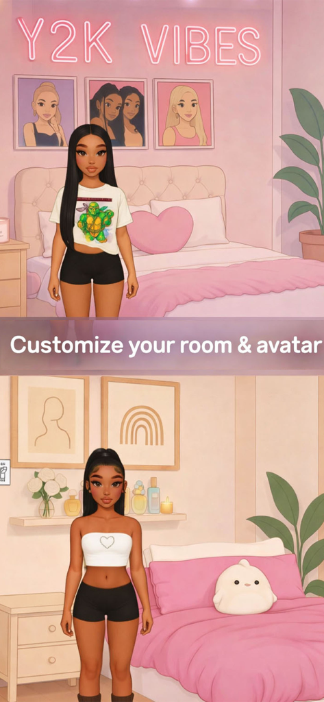 SCENEZ: Cozy Dress Up Game - A split screenshot showing two different bedroom aesthetics for customizing avatars and rooms in the SCENEZ app.