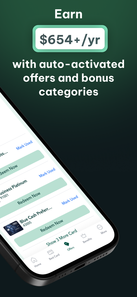 MaxRewards: Rewards & Cashback - Interface do aplicativo MaxRewards mostrando ofertas de cartão de crédito ativadas automaticamente e um ganho anual potencial de mais de 654 dólares.