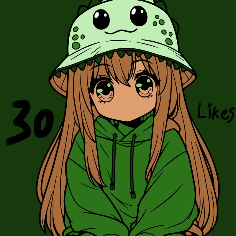 girl with anime shaped eyes with a dinosaur bucket hat oversized sweatshirt long straight hair