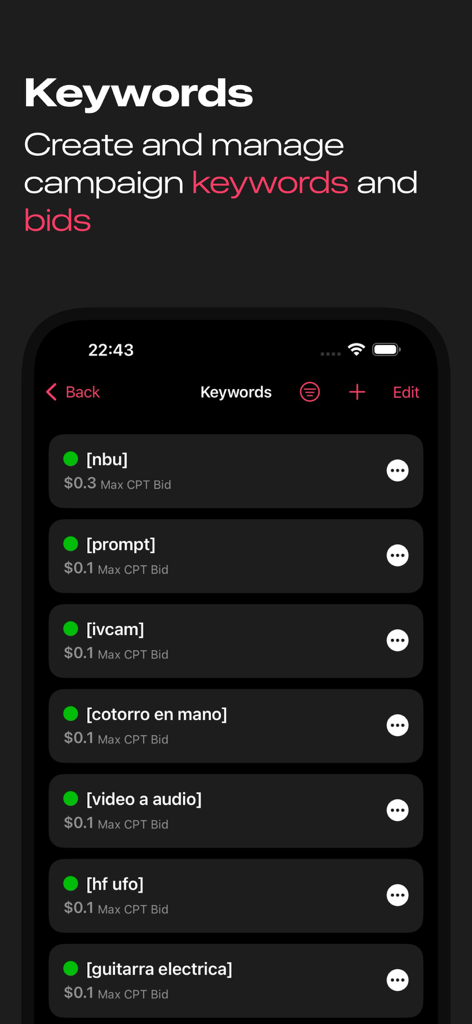 Rocket Ads - Rocket Ads interface for managing campaign keywords and bids