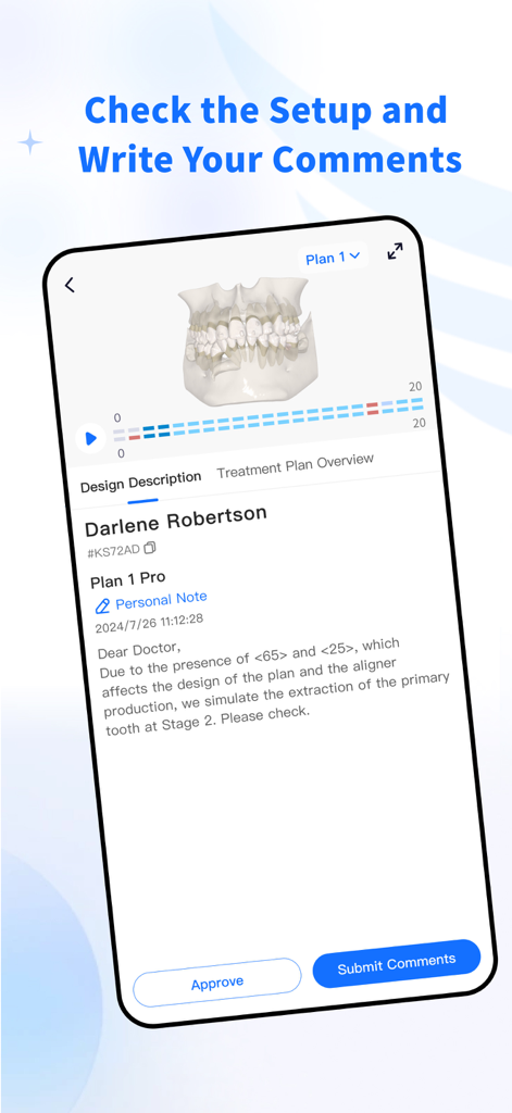 Ecrã de revisão de plano de tratamento dentário 3D com detalhes do paciente ortodôntico e opções de aprovação