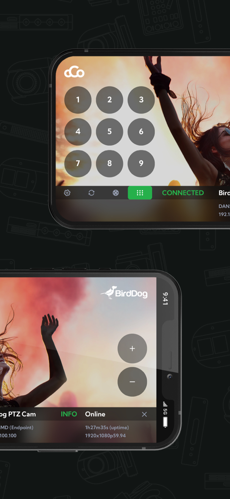 BirdDog Cloud Connect - BirdDog Cloud Connect app interface on two smartphones showing live video feed and PTZ camera controls