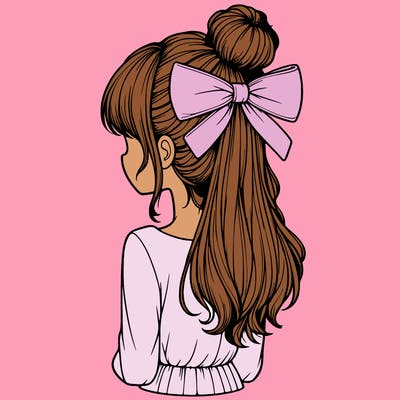realistic girl  with hip length hair a bun and a big bow on the back of head