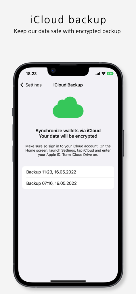 2FA: TOTP authenticator - Captura de pantalla de iPhone que muestra la configuración de copia de seguridad de iCloud de la aplicación 2FA y la sincronización de datos encriptados