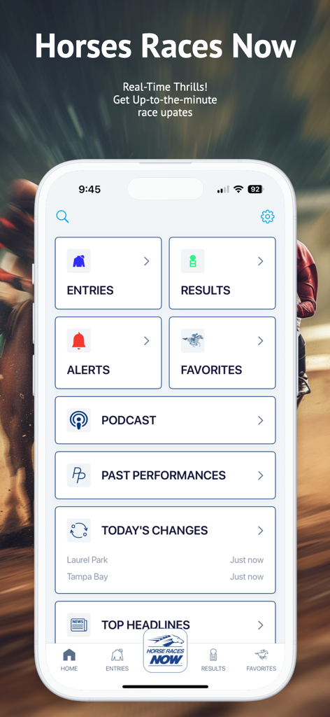 La pantalla de inicio de la aplicación móvil HorseRacesNow mostrando botones para inscripciones, resultados y alertas