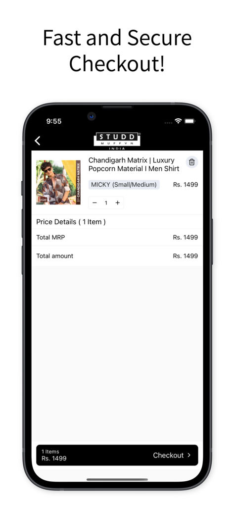 Studd Muffyn - Studd Muffynアプリのチェックアウト画面。高級メンズシャツが入ったショッピングカートが表示されています。