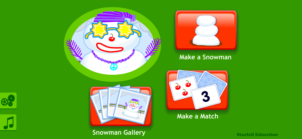 Starfall Snowman - Menú principal de la aplicación Starfall Snowman con opciones para Hacer un Muñeco de Nieve, Hacer un Emparejamiento y Galería de Muñecos de Nieve.