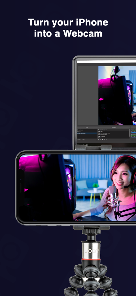 PhoneCam - Local Wifi Camera - An iPhone on a tripod being used as a professional webcam for OBS Studio streaming