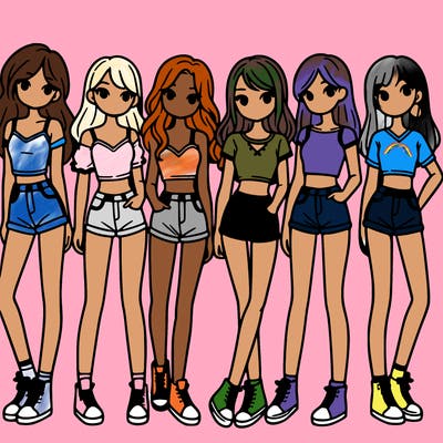 a group of girls wearing crop tops and shorts