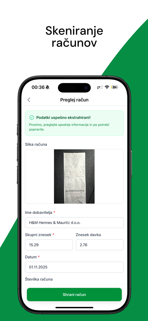 Račun123 - Una interfaz móvil de la app Račun123 que muestra una función de escaneo de recibos con IA con el nombre del proveedor, monto total y fecha extraídos automáticamente.