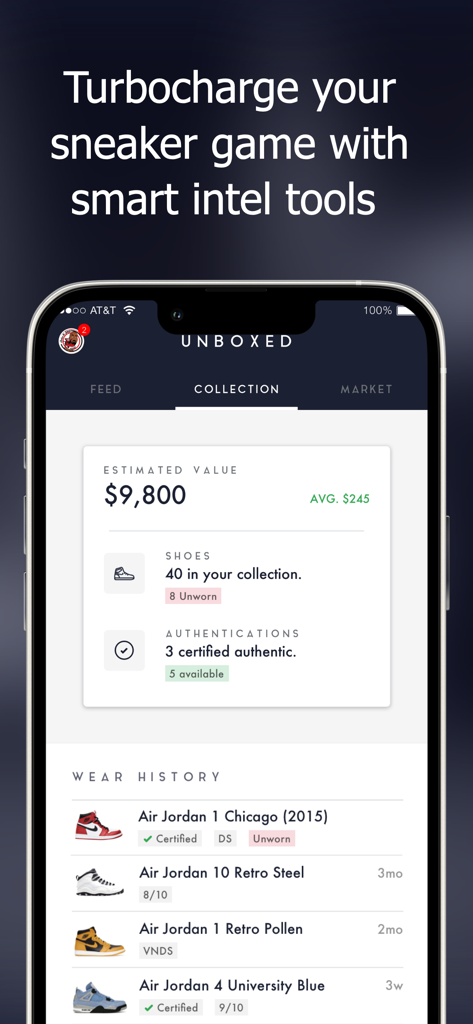 Unboxed app dashboard showing total sneaker collection value and wear history tracking.