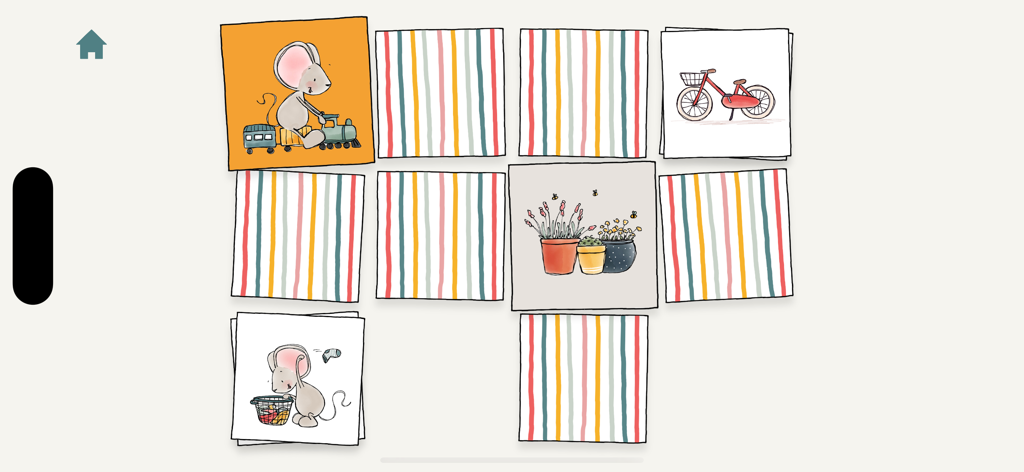 Um jogo de memória para crianças pequenas com ilustrações desenhadas à mão do Pequeno Rato e cartas listradas coloridas.