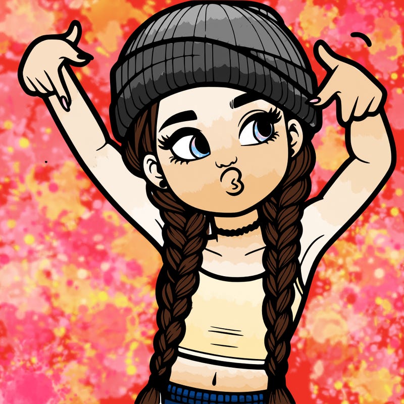 realistic teenage girl with braids and a beanie and crop top doing 🫶🏼