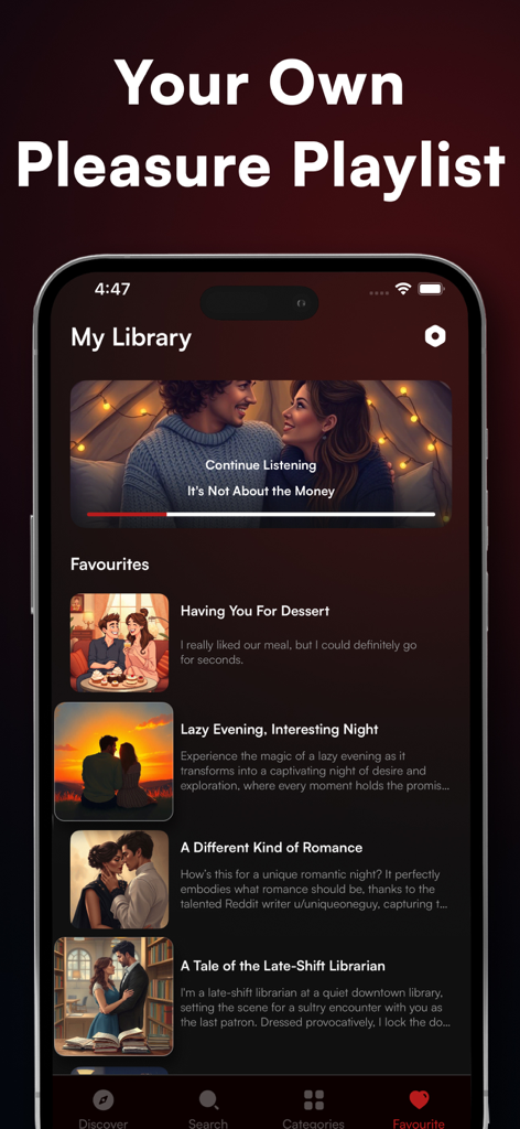 Erotic Audio Stories - Eroze - La pantalla de la biblioteca de la aplicación Eroze que presenta una lista de reproducción de placer personalizada de historias de audio erótico.