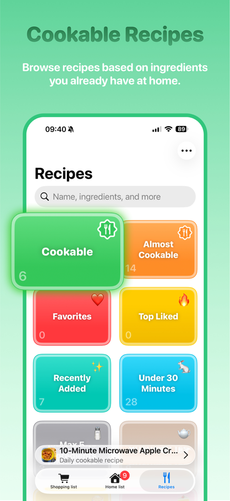 Rapp: Recipes & Shopping List - Der Rezepte-Bildschirm der Rapp App zeigt Kategorien wie Kochbar und Unter 30 Minuten basierend auf heimischen Zutaten an.