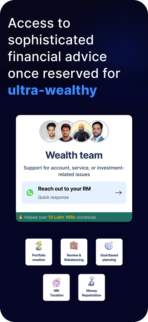 SBNRI: NRI Mutual Fund & SIPs - SBNRI app interface showing wealth management team support and NRI financial advisory services