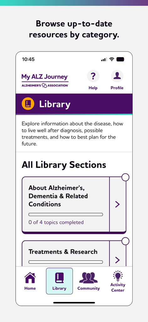 My ALZ Journey - Library screen of the My ALZ Journey app showing educational resources and categories for Alzheimer's and dementia care.