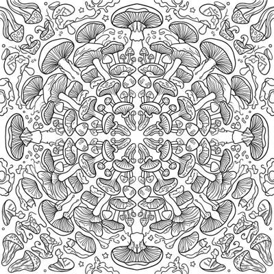 Explore a mesmerizing world with this kaleidoscope mushroom coloring page, featuring intricate fungal forms in a stunning symmetrical design. Perfect for adults and teens seeking a detailed and relaxing artistic challenge.