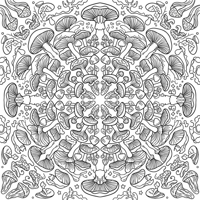 Explore a mesmerizing world with this kaleidoscope mushroom coloring page, featuring intricate fungal forms in a stunning symmetrical design. Perfect for adults and teens seeking a detailed and relaxing artistic challenge.