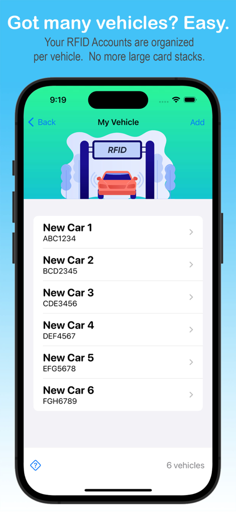 RFID Wallet EasyTrip AutoSweep - Mobile app screen showing a list of multiple vehicles with organized RFID accounts
