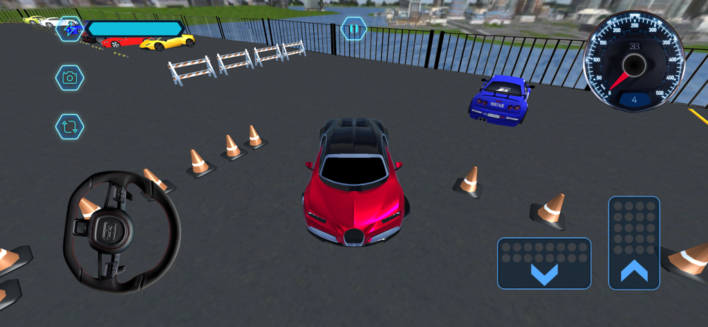 Bugatti Parking - Gameplay realistico di simulazione di parcheggio auto Bugatti rossa con controlli del volante e dei pedali