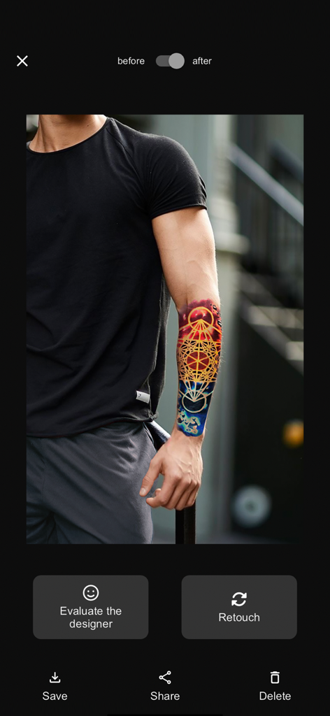 İnkscape & Pinterest Tattoo - A realistic virtual tattoo preview on a man's forearm using an AI tattoo design app.