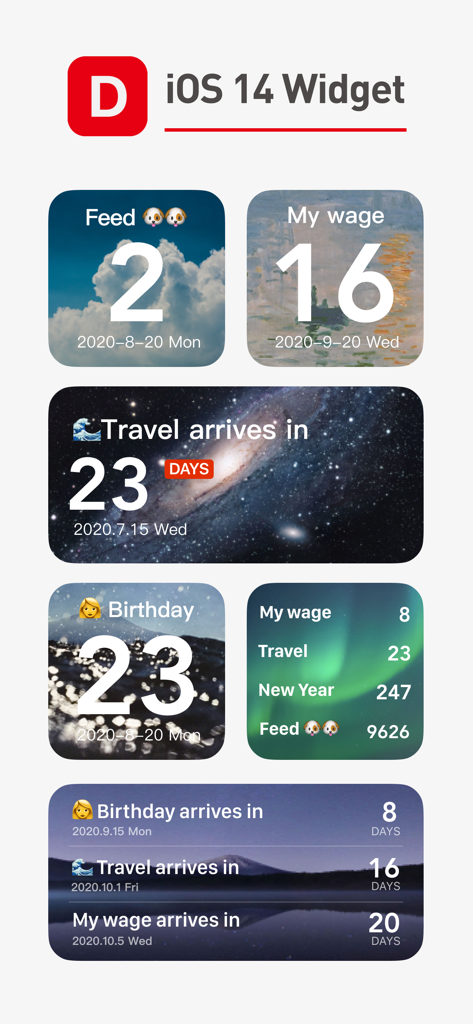 A variety of aesthetic iOS 14 widgets showing countdowns for events like birthdays, travel, and payday