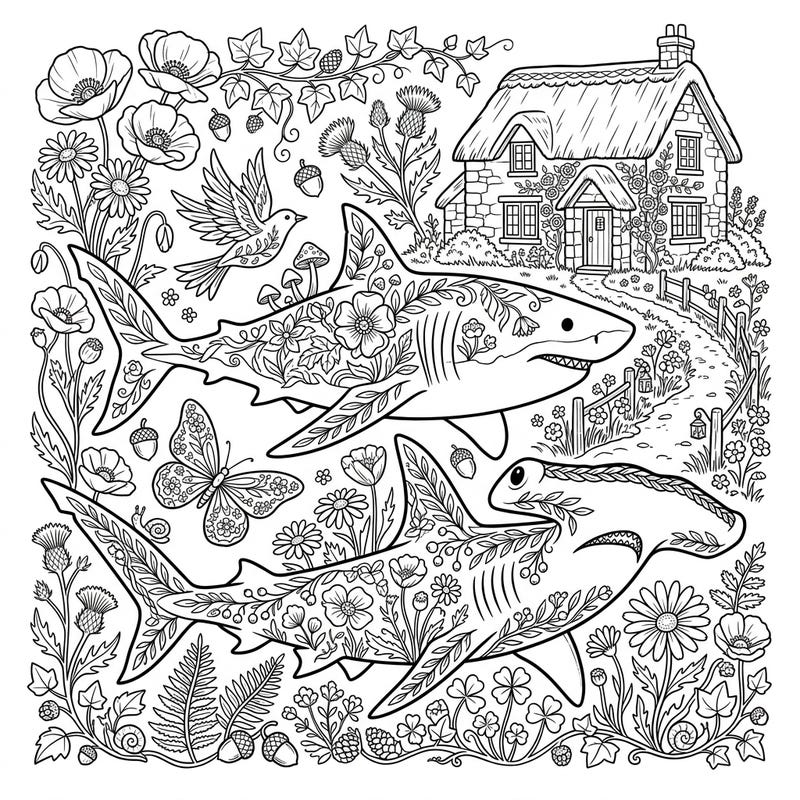 Unleash your creativity with this unique coloring page featuring sharks reimagined in a charming cottagecore setting. Teens will love the intricate details of floral patterns, whimsical wildlife, and a cozy countryside scene.