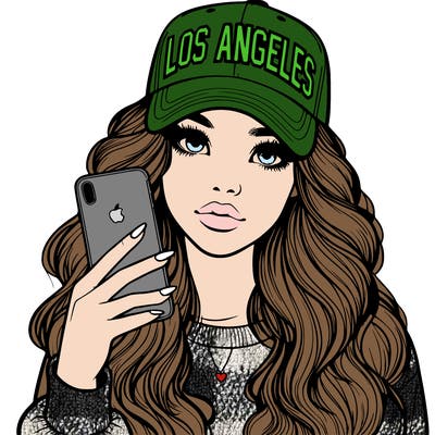realistic beautiful girl wearing los ángeles cap holding an iphone