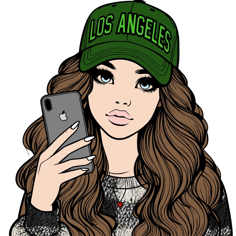 realistic beautiful girl wearing los ángeles cap holding an iphone