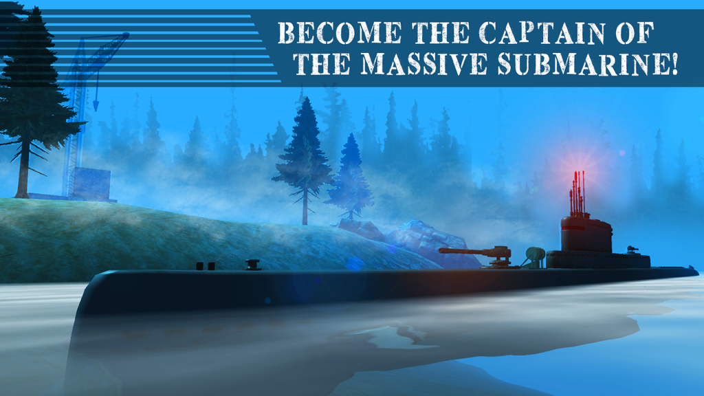 Navy War Subwater Submarine Simulator 3D - A large submarine on the water surface near a misty shore in a 3D simulator game