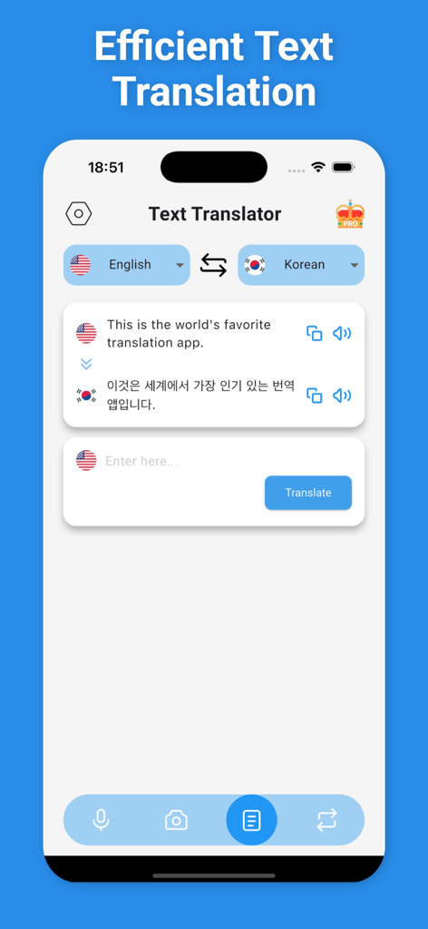 Oberfläche der Korean Translator App, die ein Beispiel für eine Textübersetzung von Englisch nach Koreanisch zeigt
